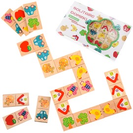 Busaurus - 28 Pieces Wooden Domino Jigsaw Puzzle for Kids - Multicolor Fruit and Animal Design, Educational Toys for the Whole Family to Develop Logic and Thinking Skills