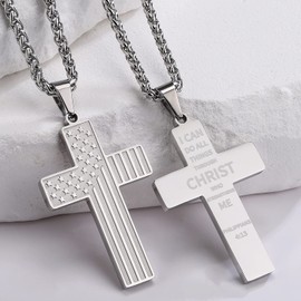 Apsvo American Flag Cross Necklace for Men Bible Verse PHILIPPIANS 4:13 Pendant Stainless Steel Chain Country Necklaces Religious Christian Gift 24 Inches(Silver, Philippians 4:13)