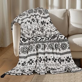 MACEVIA Flannel Boho Blanket for Couch, Country Western Aztec Printed Throw with Tassel, Soft Cozy Bohemian Blanket for Home Decor (Black and White, 50x60inches)