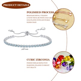 Tennis Bracelet for Women, Silver Aquamarine Bracelets Adjustable Slider Cubic Zirconia Bracelet Birthday Anniversary Wedding Bride Friendship Jewelry Gifts for Mom Wife Girlfriend