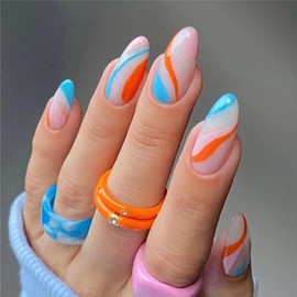 MERVF Medium Press on Nails Almond Fake Nails Press ons Pink French Tip Glue on Nails Striped Stiletto Acrylic Nails with Swirls Design 24pcs Glossy