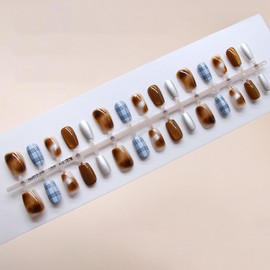 24Pcs Amber Cat Eye Press on Nails Shine Cat Eye Acrylic Fake Nails Glossy Blue Cat Eye Short Square False Nails Grid Cat Eye Stick on Nails Mesh Fabric Gel Glue on Nails for Coquette Women Girls