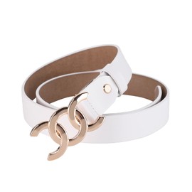 MoYoTo Women’s 2.8cm Wide Leather Belt Fashion Gold Buckle Belts for Jeans Dresses Ladies Waist Belt, White, Suit Waistline 27″-34″