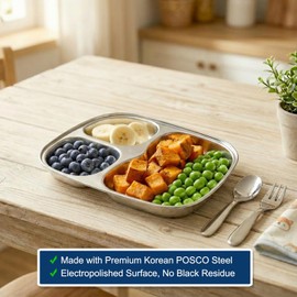 Korean Stainless Steel Divided Plates for Toddlers & Kids, Premium 304 Electro-Polished, BPA-Free 3-Compartment Food Tray, Camping & Balanced Meals, Set of 2