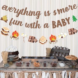 Camping Baby Shower Banners Everything Is S'more Fun With a Baby Banner Decorations S’mores Party Decor for Baby Shower Camping Themed Garland Hanging Decor Camping Gender Reveal Pregnancy Celebration