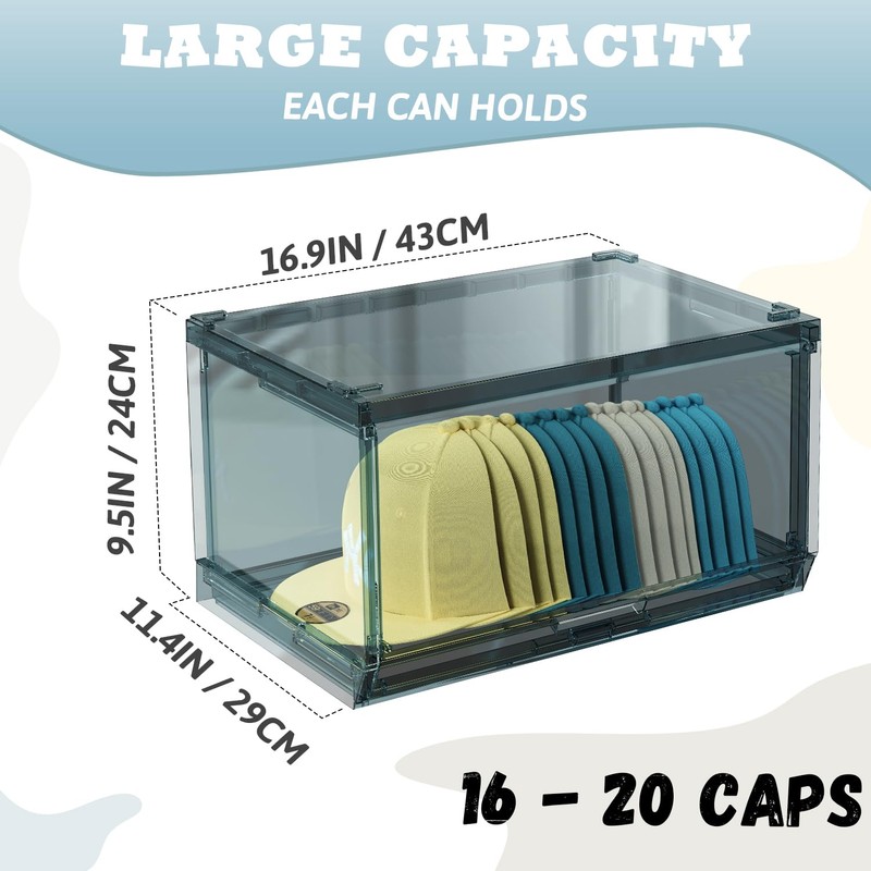 SCAVATA 2 Pack Large Hat Organizer Box, Stackable Clear Baseball
