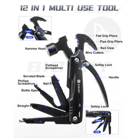 Gifts for Men, BIBURY 12 in 1Multitool Hammer with Snowflake Tool, Survival Gear Outdoor Multi Tool with Safety Lock, Hammer Multitool for Outdoor, Camping, Hiking, Gifts for Dad, Husband, Boyfriend