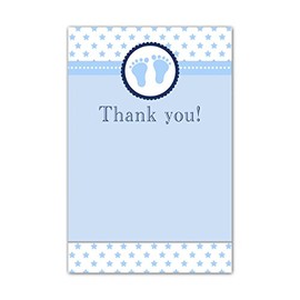 30 Blank Thank You Cards Notes Baby Boy Shower Cute Feet Stars Navy Blue + 30 White Envelopes