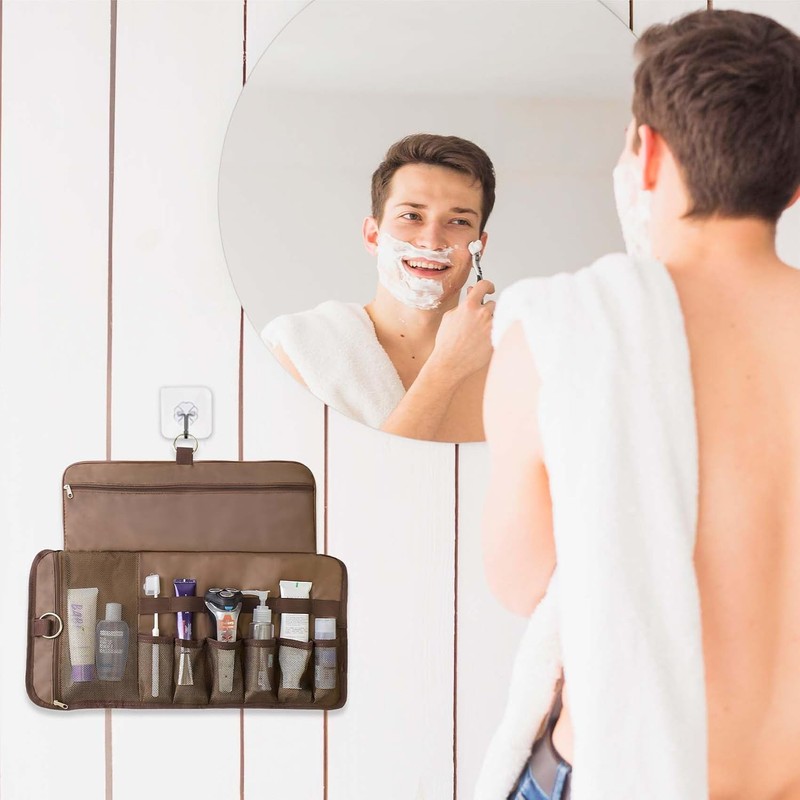 Travel Toiletry Bag for Men, Water-Resistant PU Leather Compact Roll
