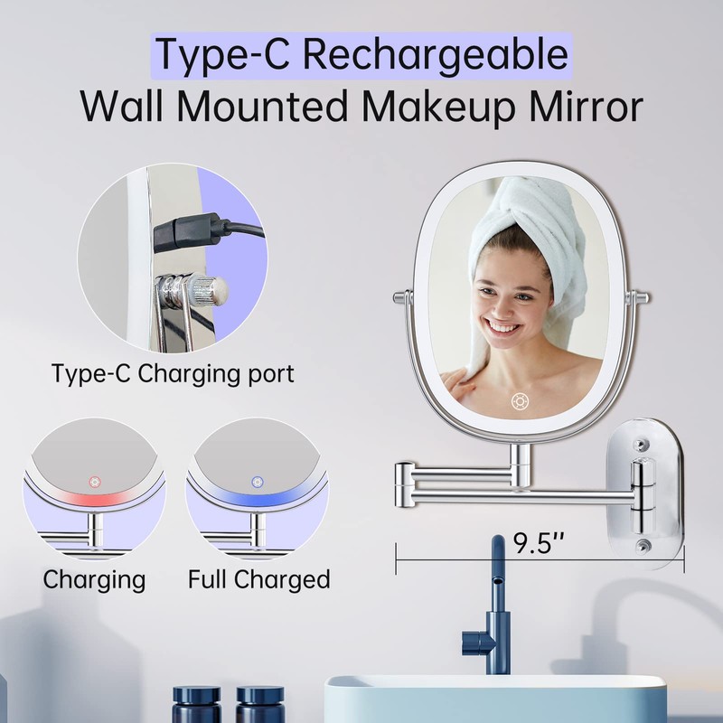 FUNTOUCH 9" Wall Mounted Lighted Makeup Mirror, Rechargeable Double Sided