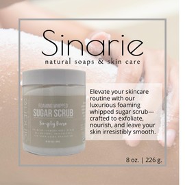 Sinarie Foaming Whipped Sugar Scrub – 8 oz | Gentle Exfoliant with Mango Butter & Coconut Oil for Smooth, Glowing Skin (8 oz., Pure Essence)