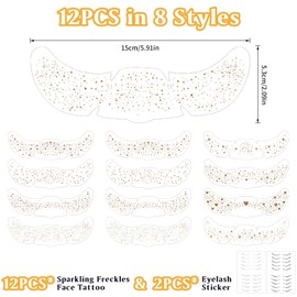 12pcs Gold Freckles Temporary Face Tattoos, Glitter Freckles Face Tattoo Stickers with 2 Under Eye Lash Tattoo, for Women Festival Carnival Party Dancing Makeup, Star Freckle Glitter Tattoos Waterpr