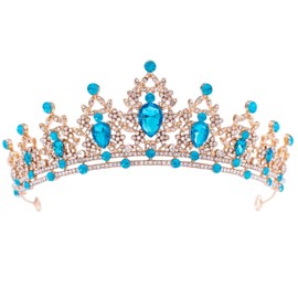 FORSEVEN Crystal Tiaras for Women, Wedding Tiaras and Crowns for Women Tiaras for Girls Birthday Party Princess Crown Hair Accessories Bride Rhinestone Headbands (Gold+Lake Blue)