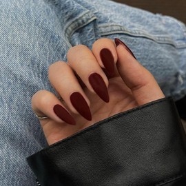 SXVME Soft Gel Press on Nails Almond Shape, Matte Dark Red False Nails Medium Length, Natural Solid Color Fake Nails Set, Burgundy Stick on Nail for Women Fall Winter 24 Pcs