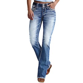 AprPith Women Mid Waisted Bootcut Jeans Zip Stretchy Slim Casual Double Button Flare Denim Pants with Distressed Pocket Blue