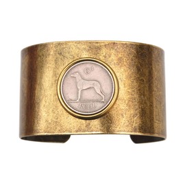 1928~1969 Irish Ireland 6 Pence Wolfhound Greyhound Dog Coin Solid Brass Antique Finish Cuff Bracelet