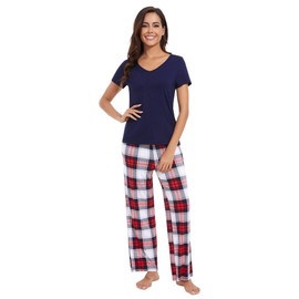 WiWi Viscose from Bamboo Pajama Sets for Women Printed Short Sleeve Top with Pants Soft Pjs Casual Knit S-XXL, Navy/Red Plaid, X-Large