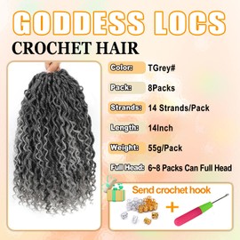 AMLUCKS 8 Packs Goddess Locs Crochet Hair Pre-Looped Boho Faux Locs Messy River Bohemian Crochet Hair for Black Women with Curly Ends (Tgray#, 14inch)