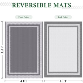 HappyTrends,Outdoor Rug,Patio Rug,Reversible Portable Outdoor Plastic Straw Rug,Camping Rugs for Outside RV,Large Waterproof Area Rugs for Patio,Deck,Picnic,Porch,Balcony(4'x 6',White&Gray)