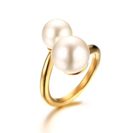 Hisatan Double Simulated Pearl Wrap Ring: Gold Plated Stainless Steel Large Statement Ring for Women, Size 9