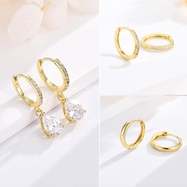 Sterling Silver Hoop Earrings for Women, 3 Pairs Small Gold Huggie Hoop Earrings Set | Hypoallergenic Cubic Zirconia Teardrop Dangle Cartilage Earrings Fashion Jewellery Girls Gifts