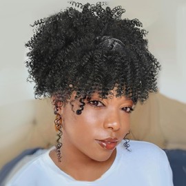 LEOSA Black Headband Wigs for Women Afro Kinky Curly Wig with Bangs Synthetic Short Hair Wigs with Headband Attached Headwrap Wigs Kinky Curly Headband Wig 4inch
