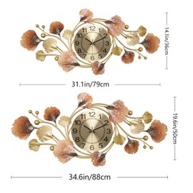 HEBOIX Large Wall Clocks for Living Room Decor with Silent Quartz Movement and 3D Ginkgo Leaf Modern Stylish Decorative Metal Wall Clock for Living Room/Bedroom/Office/Bathroom Wall Art