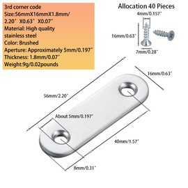 20 Pcs 2.2*0.63 in Awenbin Stainless Steel Flat Straight Bracket, Heavy-Duty Flat Plate Fixed Repair Connecting Plates, Used for Wood, Wooden Boards, Bed Frames, Furniture and Shelves, etc.