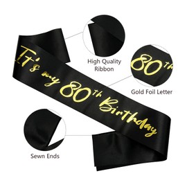 Ashaqshnglee 80th Birthday Sash, It's My 80th Birthday Sash Black Gold, 80 Birthday Decorations Gifts for Women Men Happy 80th Birthday Party Favor Supplies