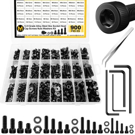 Mywish 900Pcs M3 M4 M5 M6 Metric Screws Assortment, Grade 12.9 Alloy Steel, Nuts and Bolts Hex Socket Head Cap Metric Bolts & Nuts & Flat Washers Kit, Black Zinc Palted, Anti Rust Machine Screws