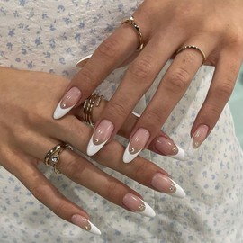 Nails French Tip - 24pcs Almond Shaped Press on Nails - 12 Sizes Medium Length Stiletto Fake Nails with Glue - Glossy Natural Full Cover White Edge Acrylic Nail for Women Girls
