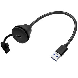 QINJOOELC USB A 3.0 to USB C Panel Mount Extension Cable USB3.0 Male to Type C Female Threaded Fixed Mount Cable Embedded Waterproof Round Converter, 5V/2A 5Gbps, Black (0.3M/1Ft)