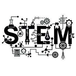 Wall Decal: STEM Artwork Banner for Classroom Vinyl - Science Technology Engineering and Mathematics Black and White Art with Light Bulb, Calculator, Cogwheel, Pi, Laboratory Equipments and Circuits for Class Decoration - 36" x 22"