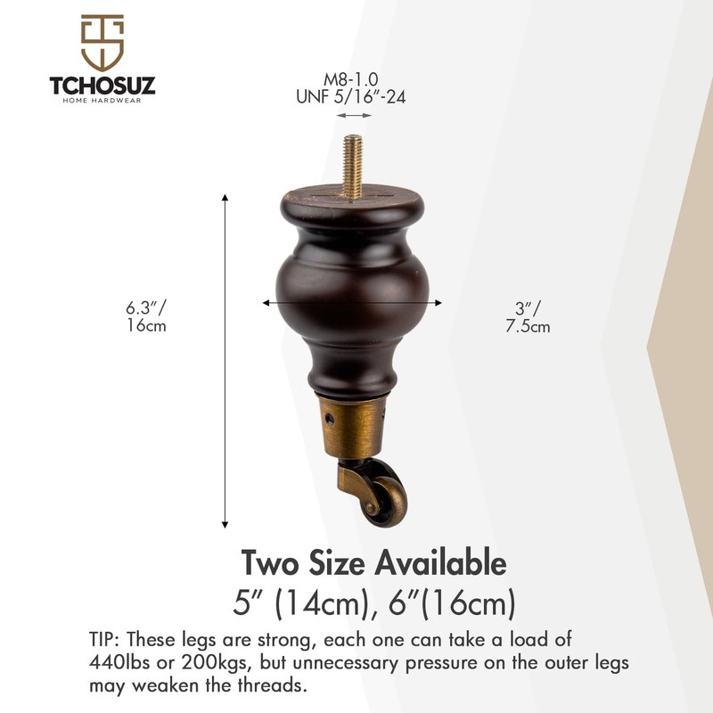 TCHOSUZ 6 inch / 16cm Wooden Furniture Legs with Casters