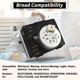 W10745655 Dryer Timer Compatible with Whirlpool, Amana,W10857612 Replacement for AP6003908, 4454384, PS11731366, and W10857612VP 230VAC 60Hz 1 Year Warranty