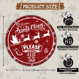 GJXFTPTTBD Round Christmas Metal Tin Sign Santa Sleigh Reindeer Vintage Tin Sign Santa Claus Please Stop Here Christmas Sign for Christmas Living Room Bedroom Coffee Bar 8 * 8 in