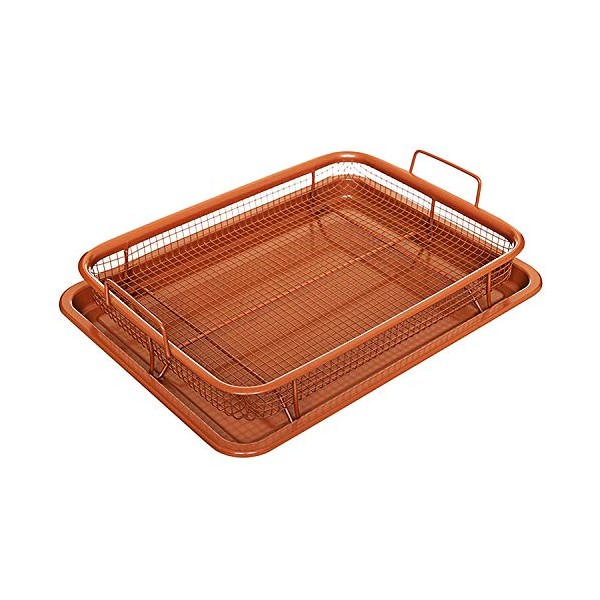 Non-Stick Baking Tray with Grill Crispy Basket Copper Crisper Air Fryer Pan Set of 2