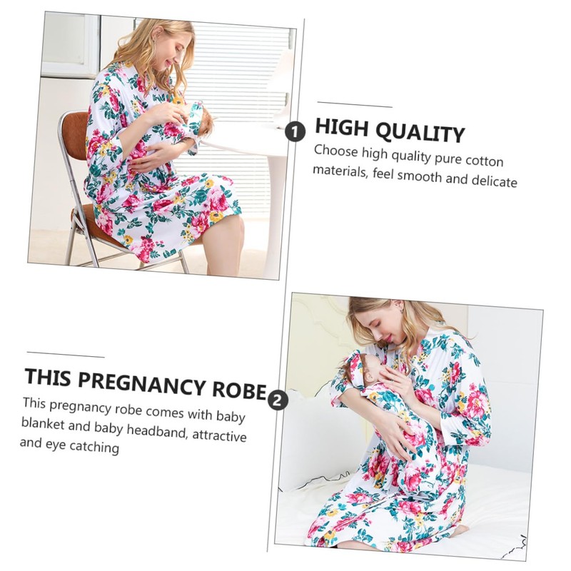 SHOWERORO 3pcs Women Maternity Robe Breathable Nightgown with Blanket Headband