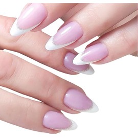 French Press on Nails Medium Length Almond Shaped Fake Nails Pink Stick on Nails Inexpensive Glue on Nails Reusable Full Cover Artificial Acrylic False Nails Kit Press on Nails for Women Girls 24Pcs