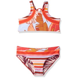 Maaji Girls' High Neck with Lace Up Back Bikini Swimsuit Set, Sunshine Garden red Feather, 2
