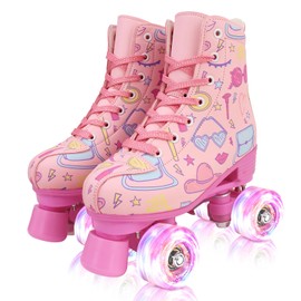 XUDREZ Roller Skates for Girls and Women, Stylish Pattern Pink Roller Skates with Light Up Wheels for Kids Youth Girls Ages 6-12 Indoor Outdoor (Pink,34-Youth 3)
