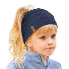 Girl's Thermal Teddy fleece lined Ponytail Beanie Hat-NAVY