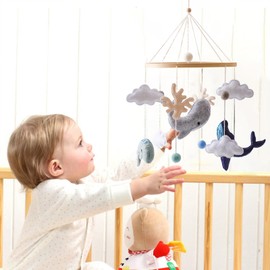 Mobile Baby Wind Chimes with Felt Balls Sea Animals 3D Clouds Mobile Baby Wooden Baby Bed Whale Mobile Baby Newborn Boys Girls Pendant