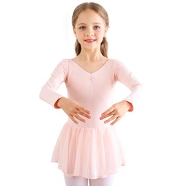 Children's Ballet Dress, Girls’ Short Sleeve Cotton Ballet Leotard, Dance Dress, Dance Body with Chiffon Skirt Tutu - Pink Long Sleeves