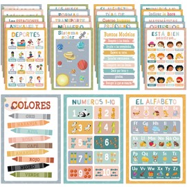 AmazingSpark 20 Pcs Spanish Classroom Posters 16.5 x 11'' Learning Spanish Classroom Decorations for Kids Abecedario Para Niños En Español Numbers Alphabet Colors Bilingual Educational (Boho)