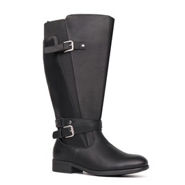 Chicblooms Ladies Extra Wide Shaft Low Heel Ankle Strap Slim Knee High Riding Boots, black