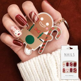 Christmas False Nails with Glue, Christmas Fake Nails Press on Nails, Red Burgundy Glitter Reindeer Stripes, French Stick on Nails for Women and Girls Nail Art Decoration Accessories