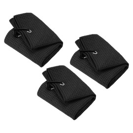 PATIKIL 12"x12" Tri-Fold Golf Towels, 3 Pack Waffle Pattern Towels Soft Fiber Strong Water Absorption with D Clip for Golf Lovers, Black