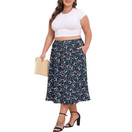 Lastshe Women's Plus Size Midi Skirts Elastic High Waisted Casual Loose Maternity Boho A-Line Flowy Skirt with Pockets,Dark Blue Flowers,4X