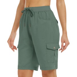 MoFiz Women's Outdoor Hiking Cargo Short 6 Pocket Drawstring Quick Dry Shorts Athletic Golf Travle Short Army Green,3XL